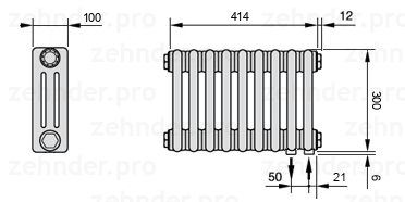 Схема (чертеж) Радиатор Zehnder Charleston 3030/9 №5510 Белый глянцевый RAL 9016